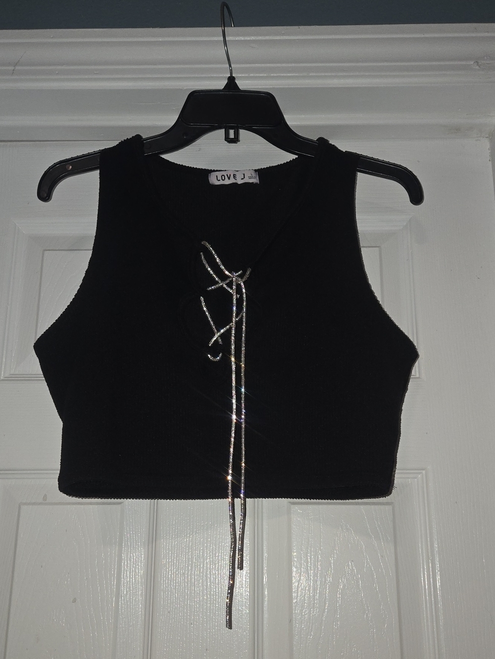 love J Black Cropped Ribbed Tank with Sparkle Lace-Up